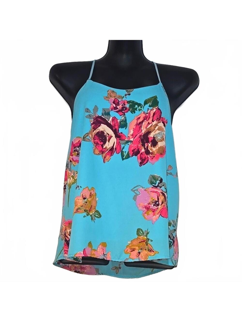 Everly Aqua Blue Floral Halter Top Size Small